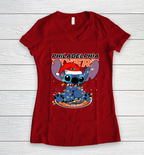 Philadelphia Flyers NHL Hockey noel stitch Christmas Women's V-Neck T-Shirt 6