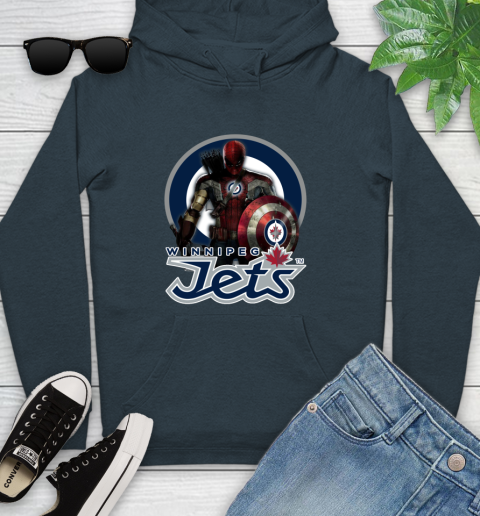 NHL Captain America Thor Spider Man Hawkeye Avengers Endgame Hockey Winnipeg Jets Youth Hoodie 8