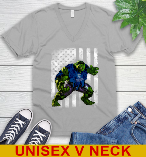 Kansas City Royals Hulk Marvel Avengers MLB Baseball American Flag V-Neck T-Shirt 3