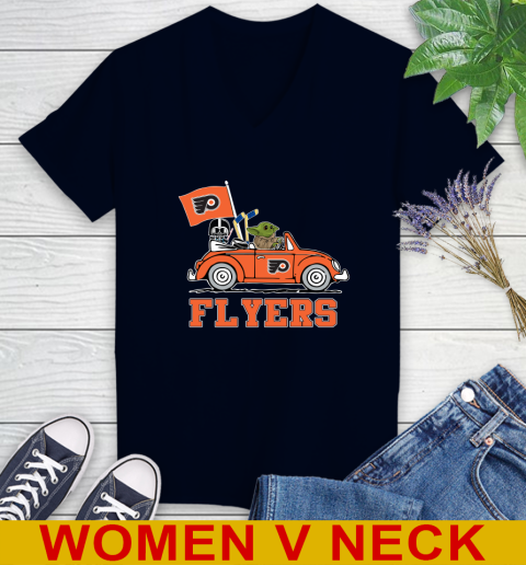 NHL Hockey Philadelphia Flyers Darth Vader Baby Yoda Driving Star Wars Shirt Women's V-Neck T-Shirt 3