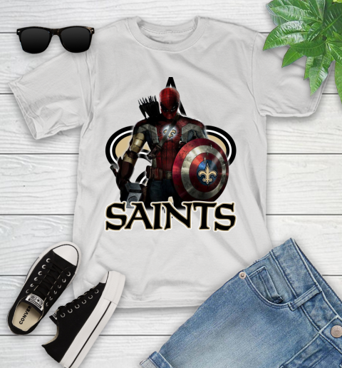 NFL Captain America Thor Spider Man Hawkeye Avengers Endgame Football New Orleans Saints Youth T-Shirt