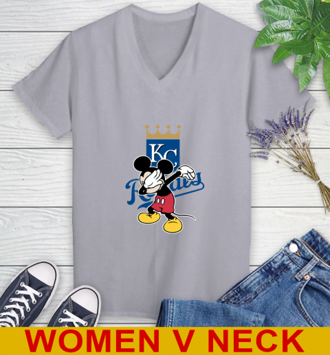 Kansas City Royals MLB Baseball Dabbing Mickey Disney Sports Women's V-Neck T-Shirt 5