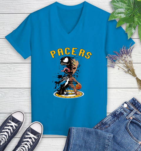 NBA Indiana Pacers Basketball Venom Groot Guardians Of The Galaxy Women's V-Neck T-Shirt 7