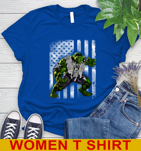 Brooklyn Nets Hulk Marvel Avengers NBA Basketball American Flag Women's T-Shirt 10