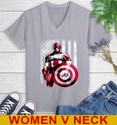 Atlanta Braves MLB Baseball Captain America Marvel Avengers American Flag Shirt Women's V-Neck T-Shirt 4