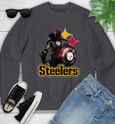 NFL Captain America Thor Spider Man Hawkeye Avengers Endgame Football Pittsburgh Steelers Youth Sweatshirt 6