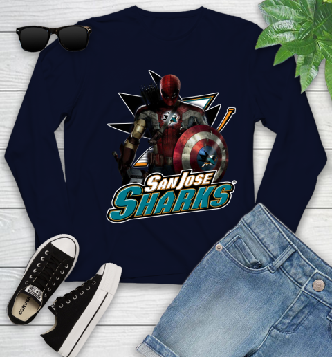 NHL Captain America Thor Spider Man Hawkeye Avengers Endgame Hockey San Jose Sharks Youth Long Sleeve 3