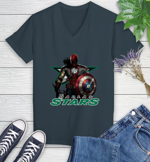 NHL Captain America Thor Spider Man Hawkeye Avengers Endgame Hockey Dallas Stars Women's V-Neck T-Shirt 8