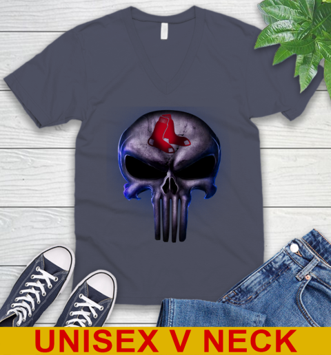 Boston Red Sox MLB Baseball Punisher Skull Sports V-Neck T-Shirt 7
