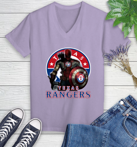 MLB Captain America Thor Spider Man Hawkeye Avengers Endgame Baseball Texas Rangers Women's V-Neck T-Shirt 14