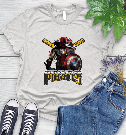 MLB Captain America Thor Spider Man Hawkeye Avengers Endgame Baseball Pittsburgh Pirates Women's T-Shirt