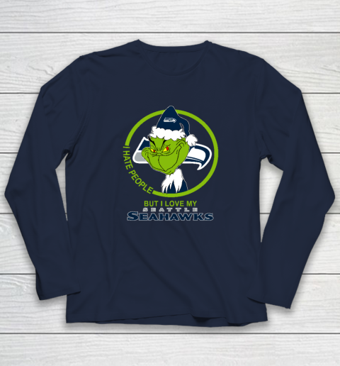 Seattle Seahawks NFL Christmas Grinch I Hate People But I Love My Favorite Football Team Long Sleeve T-Shirt 2
