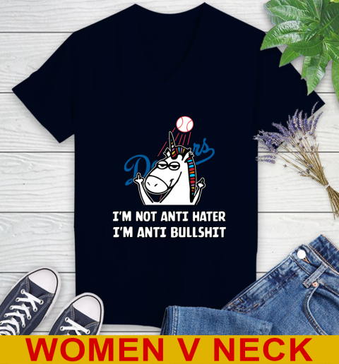 Los Angeles Dodgers MLB Baseball Unicorn I'm Not Anti Hater I'm Anti Bullshit Women's V-Neck T-Shirt 3