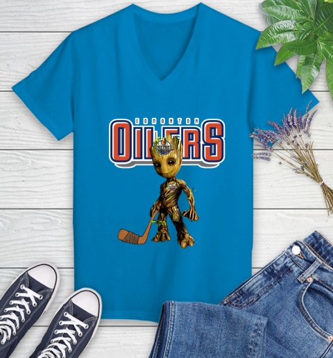 Edmonton Oilers NHL Hockey Groot Marvel Guardians Of The Galaxy Women's V-Neck T-Shirt 7