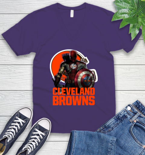 NFL Captain America Thor Spider Man Hawkeye Avengers Endgame Football Cleveland Browns V-Neck T-Shirt 10