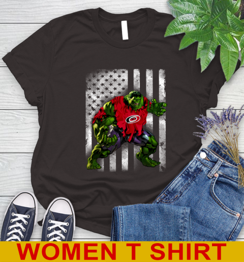 Carolina Hurricanes Hulk Marvel Avengers NHL Hockey American Flag Women's T-Shirt 9