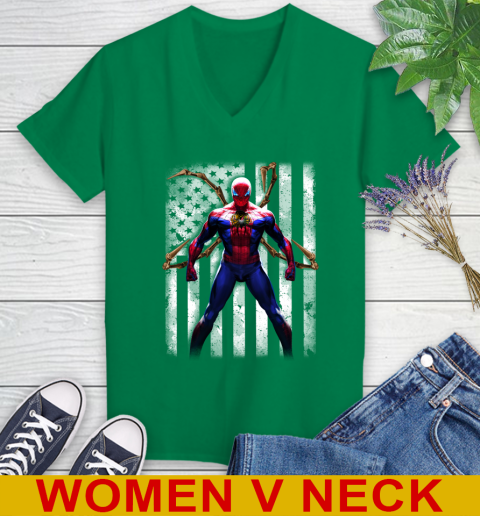 NHL Hockey Chicago Blackhawks Spider Man Avengers Marvel American Flag Shirt Women's V-Neck T-Shirt 5