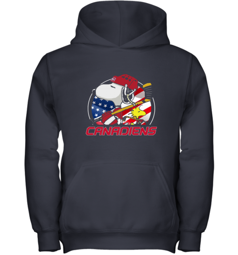 3lgv montreal canadienssnoopy and woodstock nhl youth hoodie 43 front navy