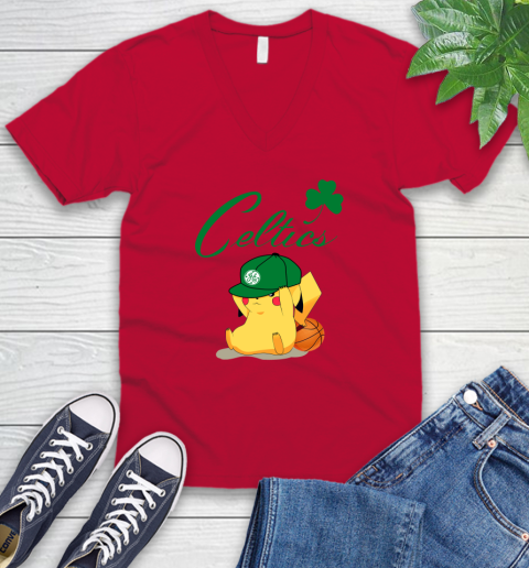 NBA Pikachu Basketball Sports Boston Celtics V-Neck T-Shirt 7