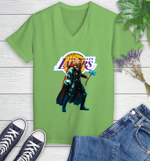 NBA Thor Avengers Endgame Basketball Los Angeles Lakers Women's V-Neck T-Shirt 11