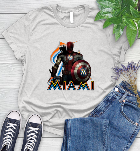 MLB Captain America Thor Spider Man Hawkeye Avengers Endgame Baseball Miami Marlins Women's T-Shirt