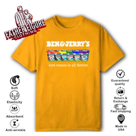 mxlj pride ben and jerryamp 39 s love comes in all flavors classic t shirt 2 front gold