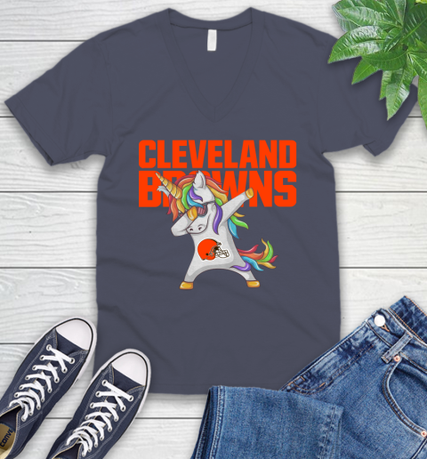 Cleveland Browns NFL Football Funny Unicorn Dabbing Sports V-Neck T-Shirt 9
