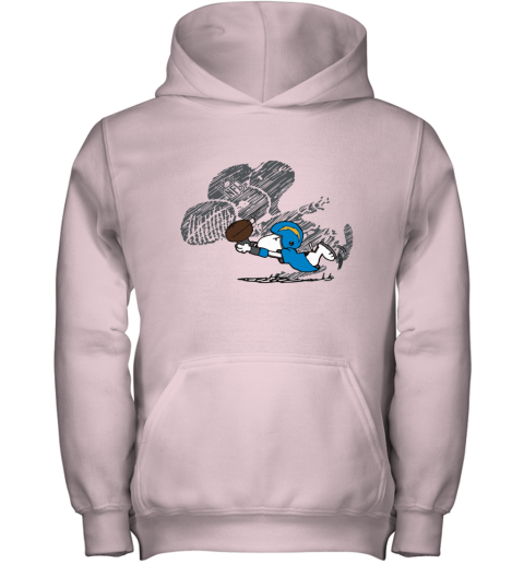 kkqk los angeles chargers snoopy plays the football game youth hoodie 43 front light pink