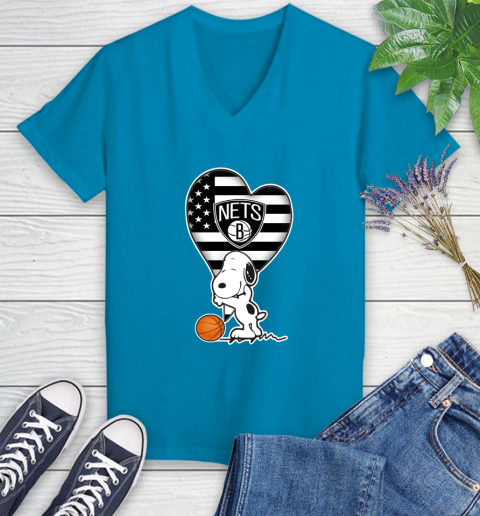 Brooklyn Nets NBA Basketball The Peanuts Movie Adorable Snoopy Women's V-Neck T-Shirt 7