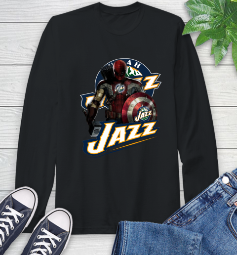 Utah Jazz NBA Basketball Captain America Thor Spider Man Hawkeye Avengers Long Sleeve T-Shirt 2