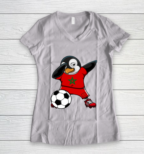 Dabbing Penguin Morocco Soccer Fans Jersey Football Lovers Women's V-Neck T-Shirt