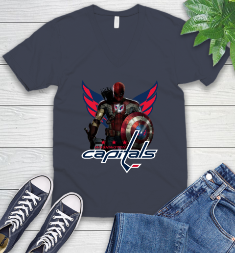 NHL Captain America Thor Spider Man Hawkeye Avengers Endgame Hockey Washington Capitals V-Neck T-Shirt 10 NHL Captain America Thor Spider Man Hawkeye Avengers Endgame Hockey Washington Capitals V-Neck T-Shirt - Image 10