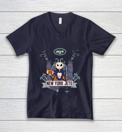 NFL New York Jets Football Jack Skellington Halloween V-Neck T-Shirt 2