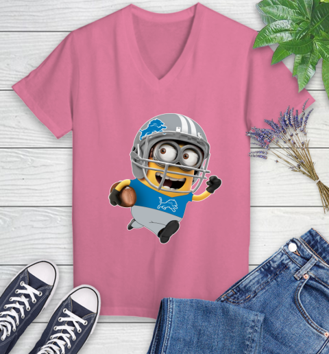 NFL Detroit Lions Minions Disney Football Sports Women's V-Neck T-Shirt 13