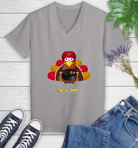 Chicago Blackhawks Turkey Thanksgiving Day Women's V-Neck T-Shirt 4