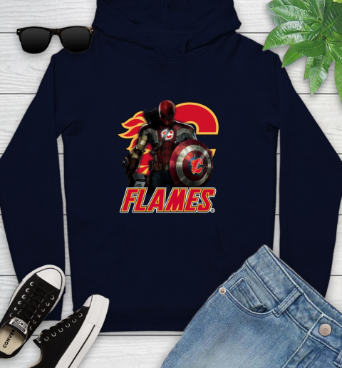 NHL Captain America Thor Spider Man Hawkeye Avengers Endgame Hockey Calgary Flames Youth Hoodie 4