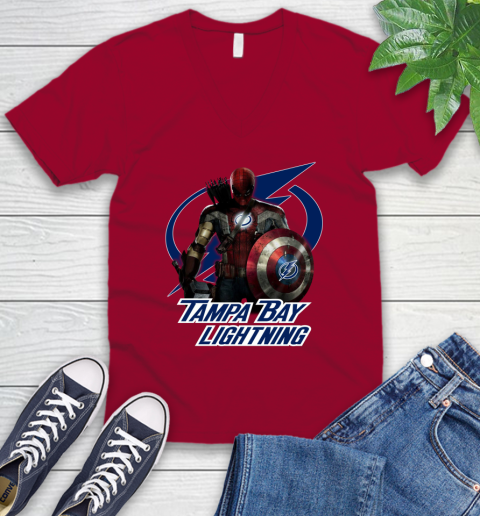 NHL Captain America Thor Spider Man Hawkeye Avengers Endgame Hockey Tampa Bay Lightning V-Neck T-Shirt 8