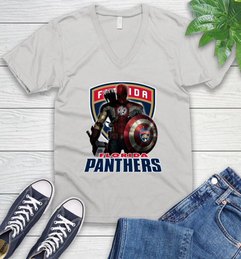 NHL Captain America Thor Spider Man Hawkeye Avengers Endgame Hockey Florida Panthers V-Neck T-Shirt