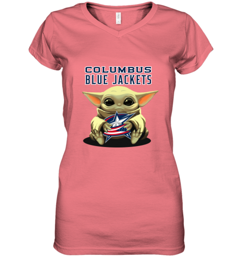 otrz baby yoda hugs the columbus blue jackets women v neck t shirt 39 front coral