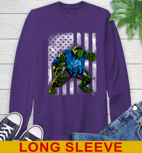 Detroit Lions Hulk Marvel Avengers NFL Football American Flag Long Sleeve T-Shirt 5