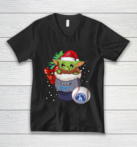 Los Angeles Dodgers Christmas Baby Yoda Star Wars Funny Happy MLB V-Neck T-Shirt