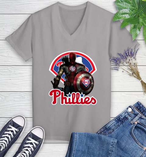 MLB Captain America Thor Spider Man Hawkeye Avengers Endgame Baseball Philadelphia Phillies Women's V-Neck T-Shirt 4