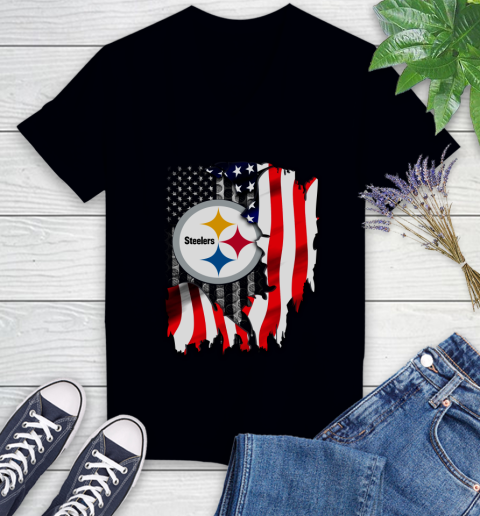 Pittsburgh Steelers NFL Football American Flag Women's V-Neck T-Shirt