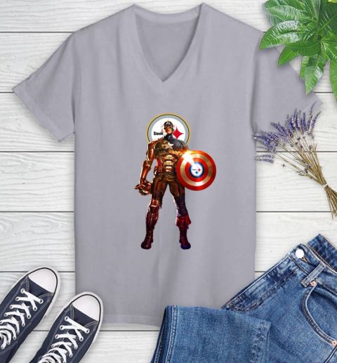 NFL Captain America Marvel Avengers Endgame Football Sports Pittsburgh Steelers Women's V-Neck T-Shirt 4