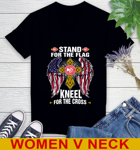 NBA Basketball Atlanta Hawks Stand For Flag Kneel For The Cross Shirt Women's V-Neck T-Shirt