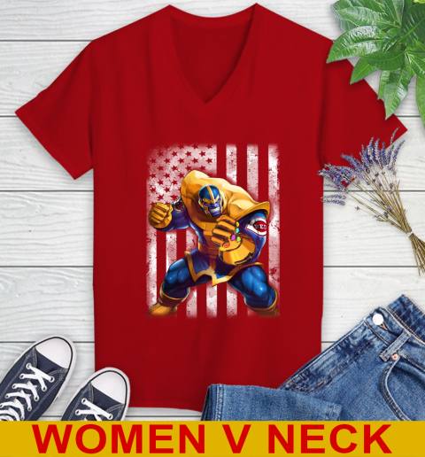 MLB Baseball Cincinnati Reds Thanos Marvel American Flag Shirt Women's V-Neck T-Shirt 10