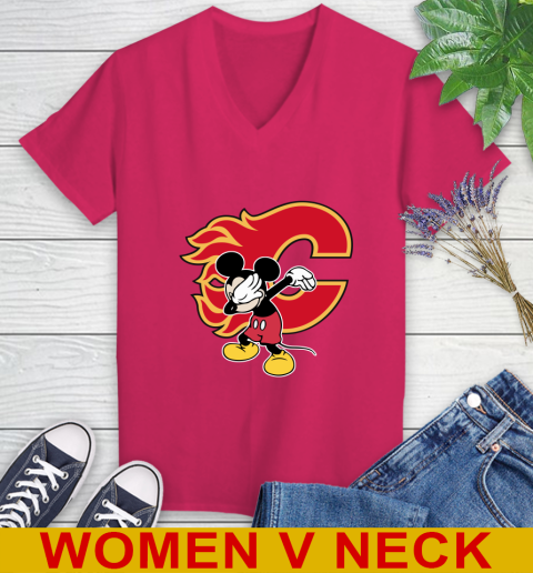 Calgary Flames NHL Hockey Dabbing Mickey Disney Sports Women's V-Neck T-Shirt 10