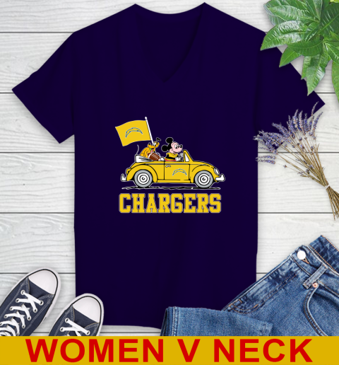 NFL Football Los Angeles Chargers Pluto Mickey Driving Disney Shirt Women's V-Neck T-Shirt 4