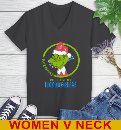 Los Angeles Dodgers MLB Christmas Grinch I Hate People But I Love My Favorite Baseball Team Women's V-Neck T-Shirt 9