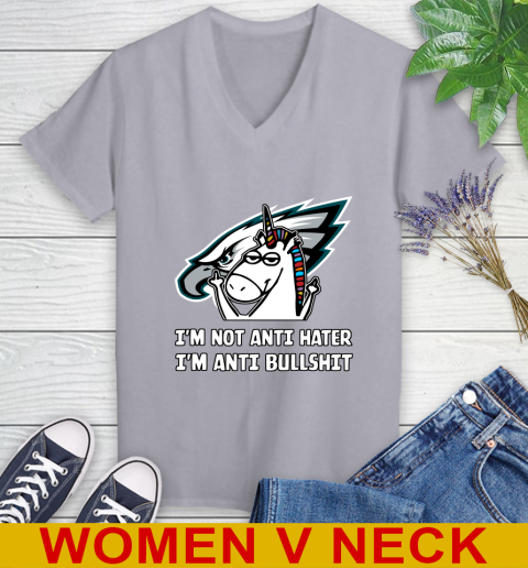 Philadelphia Eagles NFL Football Unicorn I'm Not Anti Hater I'm Anti Bullshit Women's V-Neck T-Shirt 5